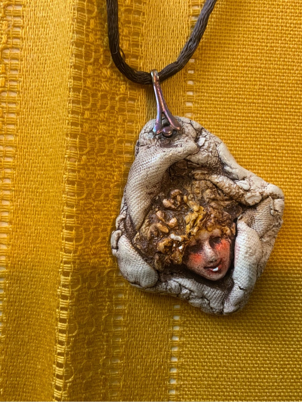Artisan Polymer Clay Cherub Angel Maiden Portrait Pendant Satin Cord Necklace